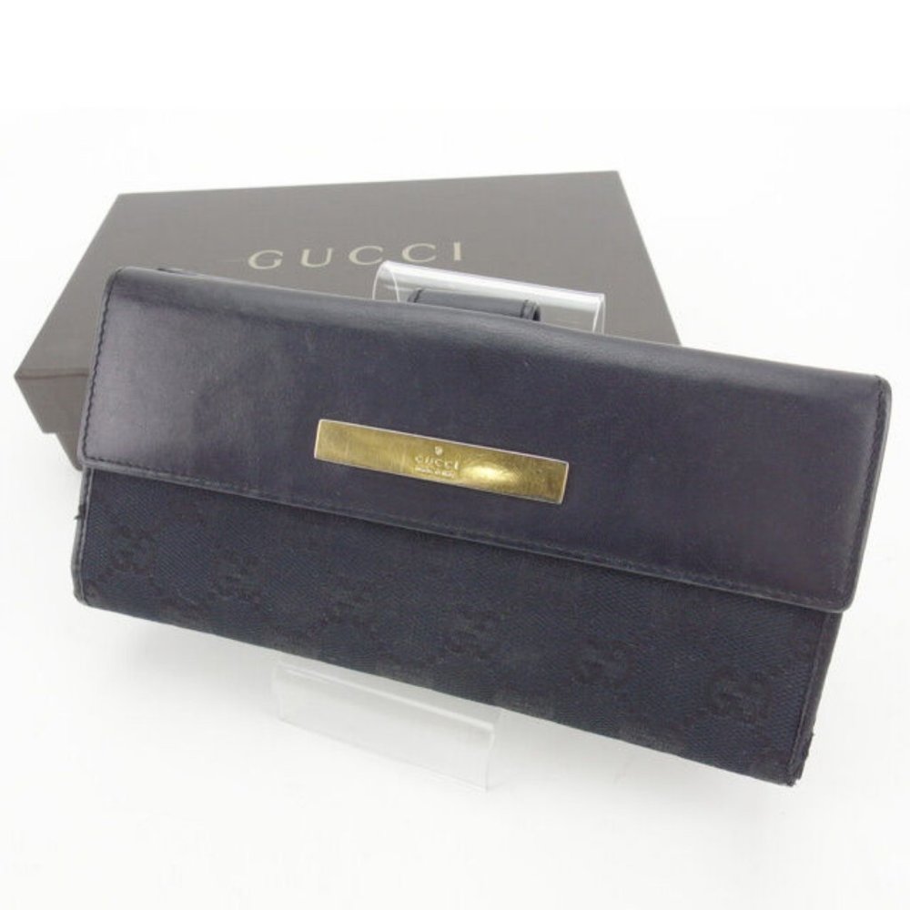 Gucci Wallet Purse Long Wallet GG Black Gold Woman Authentic Used Y5003